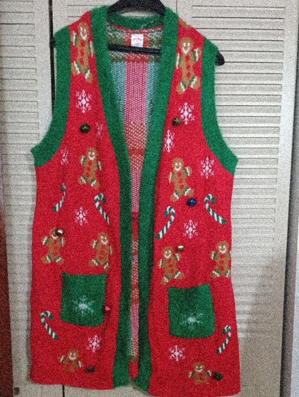 Holiday Time Red Knit Gingerbread Vest with Green Trim